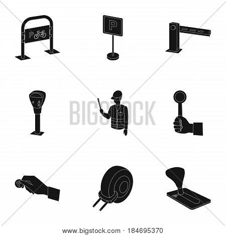 A set of icons for parking cars and bicycles. Fines and elements of parking.Parking zone icon in set collection on black style vector symbol stock web illustration.