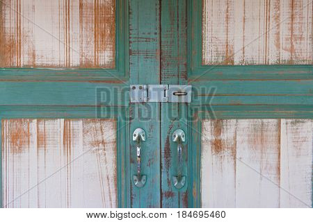 Green Asian Ancient Wooden Slide Door With Handle And Keylock. The Ancient Door For Back To The Past