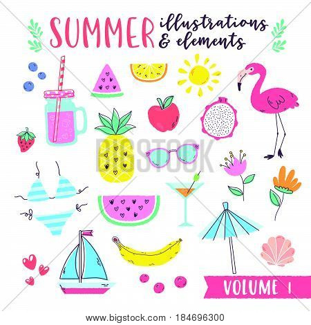 Summer Design Illustrations With Fruits, Tropical And Beach Elements.