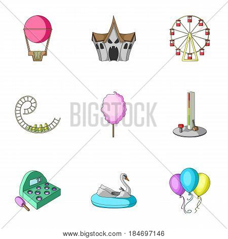 The amusement Park rides. The attributes of a recreational Park, panic room, cotton candy.Amusement Park icon in set collection on cartoon style vector symbol stock web illustration.