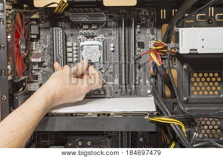 A person applies thermal grease to the computer microprocessor