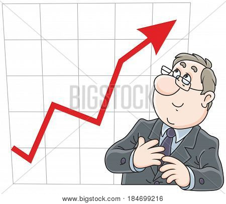 Businessman looking at his chart with growing indicators of business