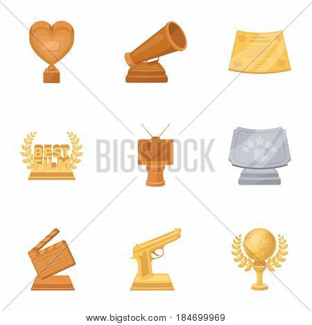 A set of awards for the movie viewings. Gold, silver and bronze awards to the Director, the actor. Moovie awards icon in set collection on cartoon style vector symbol stock web illustration.
