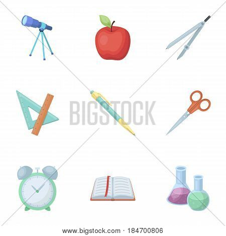 Set of pictures about the school. Study training. Supplies for school.Outfit of the student. School and eduacation icon in set collection on cartoon style vector symbol stock web illustration.