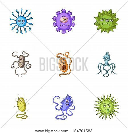 A set of pictures about bacteria and viruses. Germs that are harmful to humans. viruses and bacteria icon in set collection on cartoon style vector symbol stock web illustration.