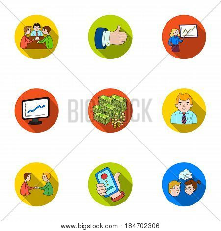 A set of pictures about the transaction, work, office. Office center, analytics.Business conference and ntgotiations icon in set collection on flat style vector symbol stock web illustration.