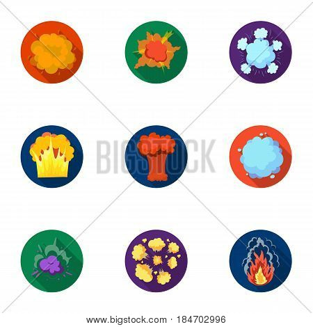 A set of icons about the explosion. Various explosions, a cloud of smoke and fire.Explosions icon in set collection on flat style vector symbol stock web illustration.