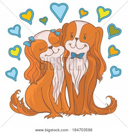 Cute card with  funny dog breed Cavalier King Charles spaniel , lovers  cartoon sketch, very sweetly and gentle, affectionate and charming, full of love, little animals  wedding