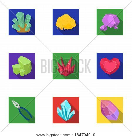 A set of jewelry, crystals, minerals and expensive metals. The jeweler inspects the ornaments.Precious minerals amd jeweler icon in set collection on flat style vector symbol stock web illustration.