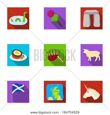 National symbols of Scotland. Scottish attractions. Scotland country icon in set collection on flat style vector symbol stock web illustration.