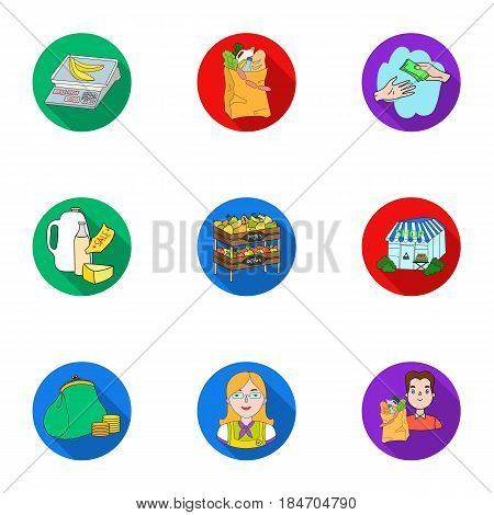 Supermarket, shopping in the store. A selection of pictures on the topic of shopping.Supermarket icon in set collection on flat style vector symbol stock web illustration.