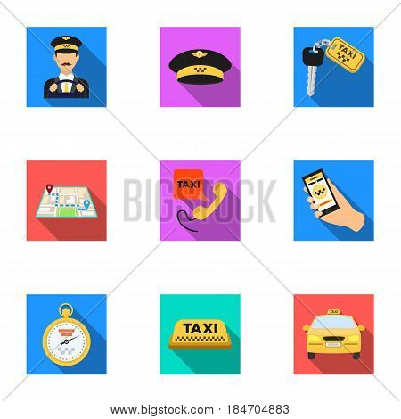Set of icons about the taxi. A call taxi driver, Parking. Transportation around the city.Taxi icon in set collection on flat style vector symbol stock web illustration.
