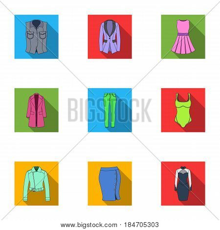 Collection of icons of womens clothing. Various women's clothes for work, walking, sports. Women clothing icon in set collection on flat style vector symbol stock web illustration.