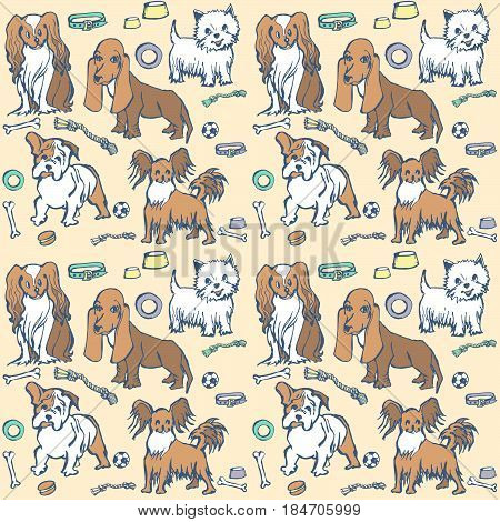 sketch dog breeds Cavalier King Charles spaniel,
West Highland Terrier, Bulldog, Basset Hound