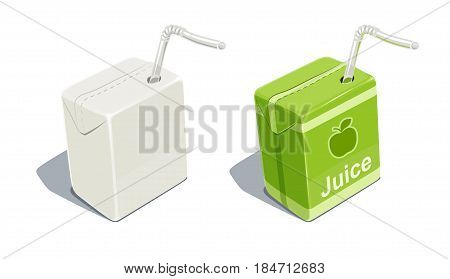 Cardboard pack with tube blank and for apple juice. Beverage Package. Packaging healthy food. Container natural fruit sap. isolated white background. Eps10 vector illustration.