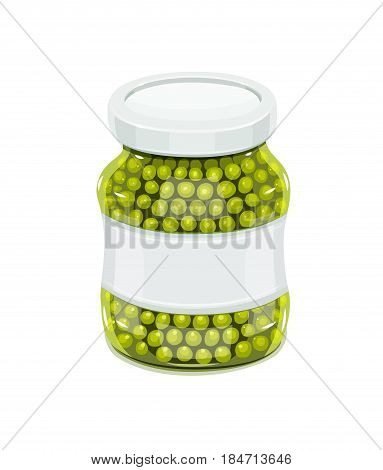 Glass jar with greeen peas. Natural food for safekeeping. isolated white background. Vector illustration.