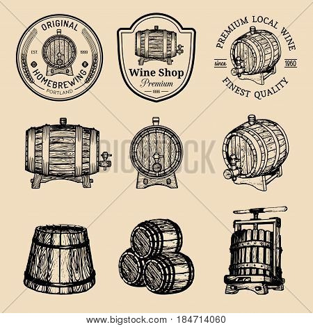 Wooden barrels collection for alcohol drinks icons or signs. Hand sketched kegs emblems. Whiskey, beer, wine logotype set.