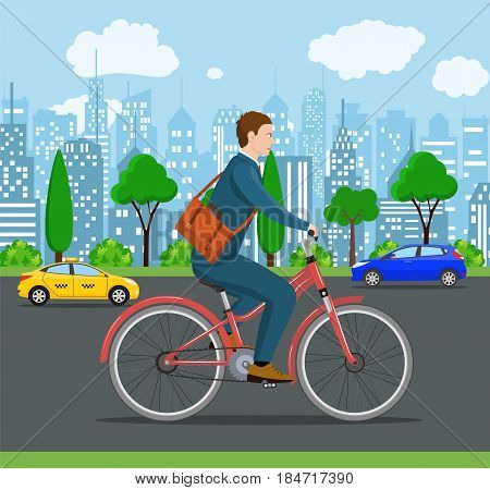 City style businessman with bag riding bicycle the streets of the city. Bike to work poster. Including beautiful european cityscape background.