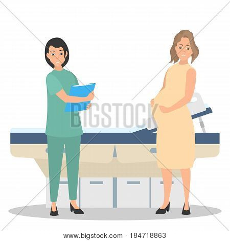 Pregnant woman on reception at the doctor. Patient on reception in the office of a dentist. Vector illustration of a flat design. on white background.
