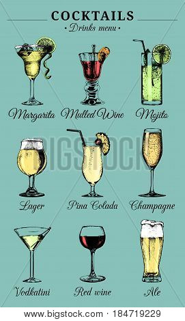 Hand sketched alcoholic beverages and cocktails glasses. Vector drinks color illustrations set, pina colada, margarita, red wine, mojito, vodkatini, champagne, beer, mulled wine isolated.