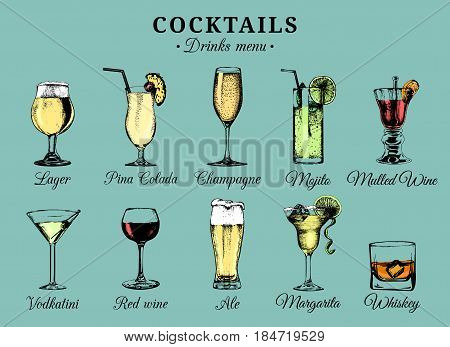 Cocktails and alcoholic beverages glasses hand drawn illustrations. Vector drinks sketches set, pina colada, margarita, red wine, mojito, vodkatini, champagne, beer, whiskey etc.