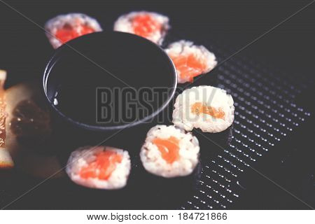 sushi and soy sauce serving like take home
