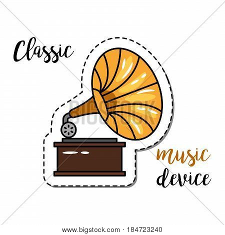 Fashion patch element with quote, Classic music device and gramophone icon. Vector illustration Vector illustration