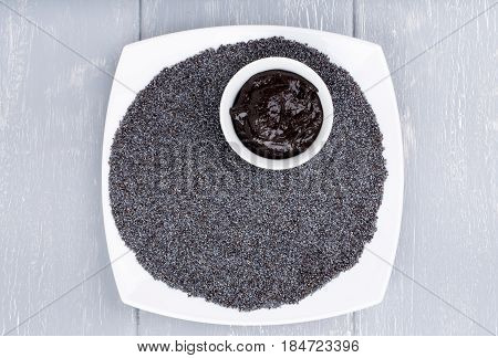 Poppy urbech. Natural paste from poppy seeds. Dagestani useful delicacy. Top view.