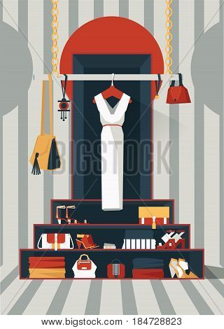 Vector vertical illustration with hand drawn white dress on hangers in creative graphic interior. Color geometric illustration. Lots of accessories bags shoes clothes on shelves on background