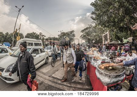 Delhi, India - January 27, 2017: Ordinary Crowdy City Life At Chandni Chowk, Old Delhi, Famous Trave
