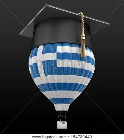 3D Illustration. Hot Air Balloon with Greek Flag and Graduation cap. Image with clipping path