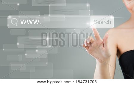 Internet Surfing. Female Hand and Virtual Browser with Search Icon