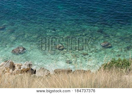 Amazing view on black sea near rocks in hot summer. Vacation summer travel. Black sea Sevastopol Crimea.