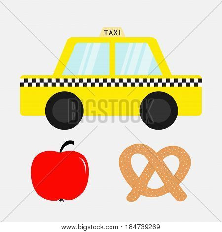 Taxi car cab icon. Soft pretzel bakery. Red apple fruit. New York symbol. Cartoon transportation collection. Yellow taxicab. Checker line light sign. Isolated. White background. Vector illustration