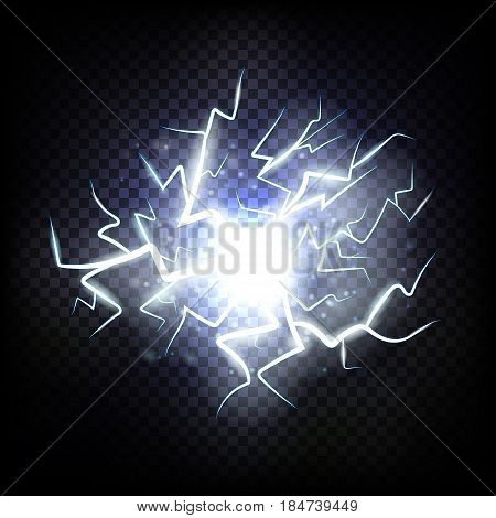 Ball lightning. Thunder on transparent background. Thunderbolt in sky. Electricity blast storm. Electric flash of lightning. Realistic vector illustration.