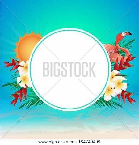 White circle for copy space decorated with sun, flamingo bird, heliconia flower, frangipani flower and coconut leaves on colorful background. Vector illustration of summertime.