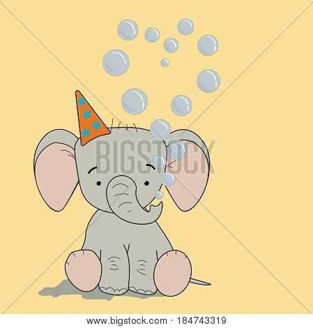 baby elephant with bubbles heart on yellow background