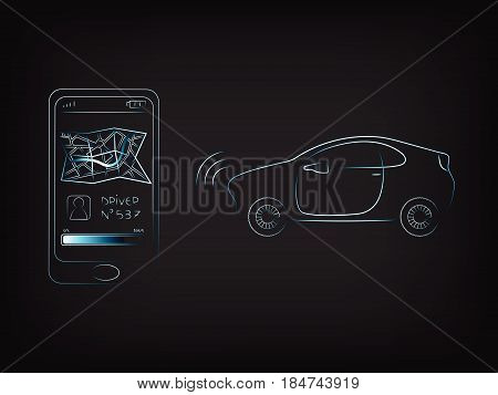 Smartphone With Driver And Map Icon Next To Taxi Car