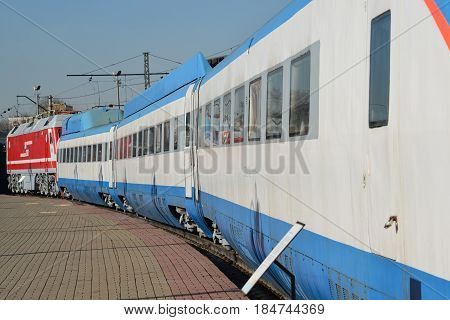 Moscow, Russia - April 1.2017. Sokol 250 is experienced Russian high-speed train in Museum of History of a Railway Transport Development