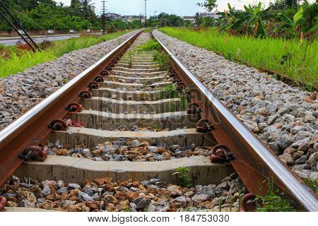 railway track length on gravel for train transportation: Select focus with shallow depth of field :