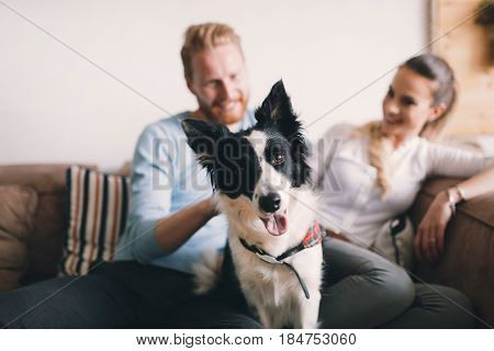 Beautiful couple relaxing at home and loving their pet