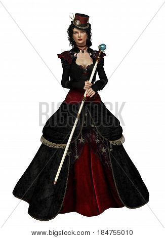 3d computer graphics of a mysterious lady with vintage dress and wand