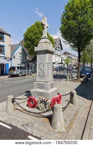 Bala Wales UK - April 27 2017: The high street war memorial in the rural Welsh town of Bala commemorating local men who gave their lives in both world wars