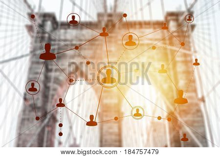 Social networking technologies on the Brooklyn bridge. Social media concept