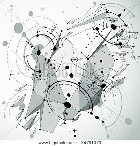 Technology 3d vector drawing with low poly demolished geometric object and wireframe monochrome technical abstract dimensional futuristic scheme of engine or engineering mechanism.