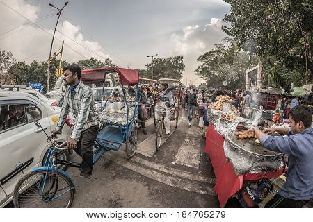 Delhi, India - January 27, 2017: Ordinary Crowdy City Life At Chandni Chowk, Old Delhi, Famous Trave