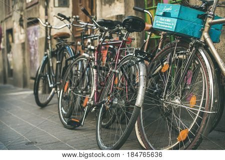 BUDAPEST, HUNGARY - MARCH 26, 2017: Variety of bicycles parked in street near Szimpla Kert ruin pub in Jewish quarter of Budapest