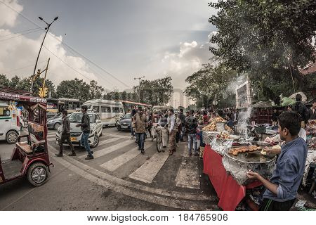 Delhi, India - January 27, 2017: Ordinary Crowdy City Life At Chandni Chowk, Old Delhi, Famous Trave