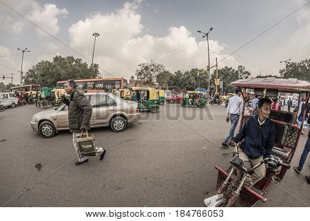 Delhi, India - January 27, 2017: Ordinary Crowdy City Life At Chandni Chowk, Old Delhi, Famous Trave