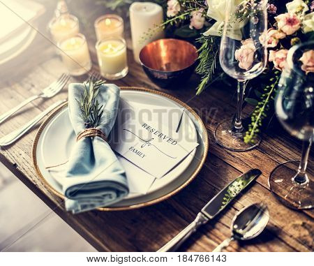 Elegant Restaurant Table Setting Service for Reception with Reserved Card